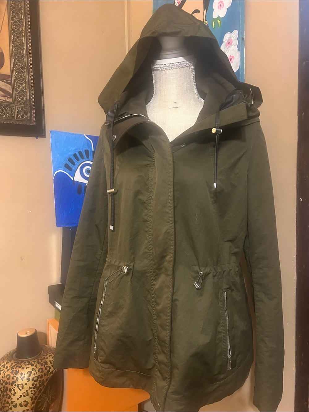ZARA Olive Green Hooded Women's Rain Jacket